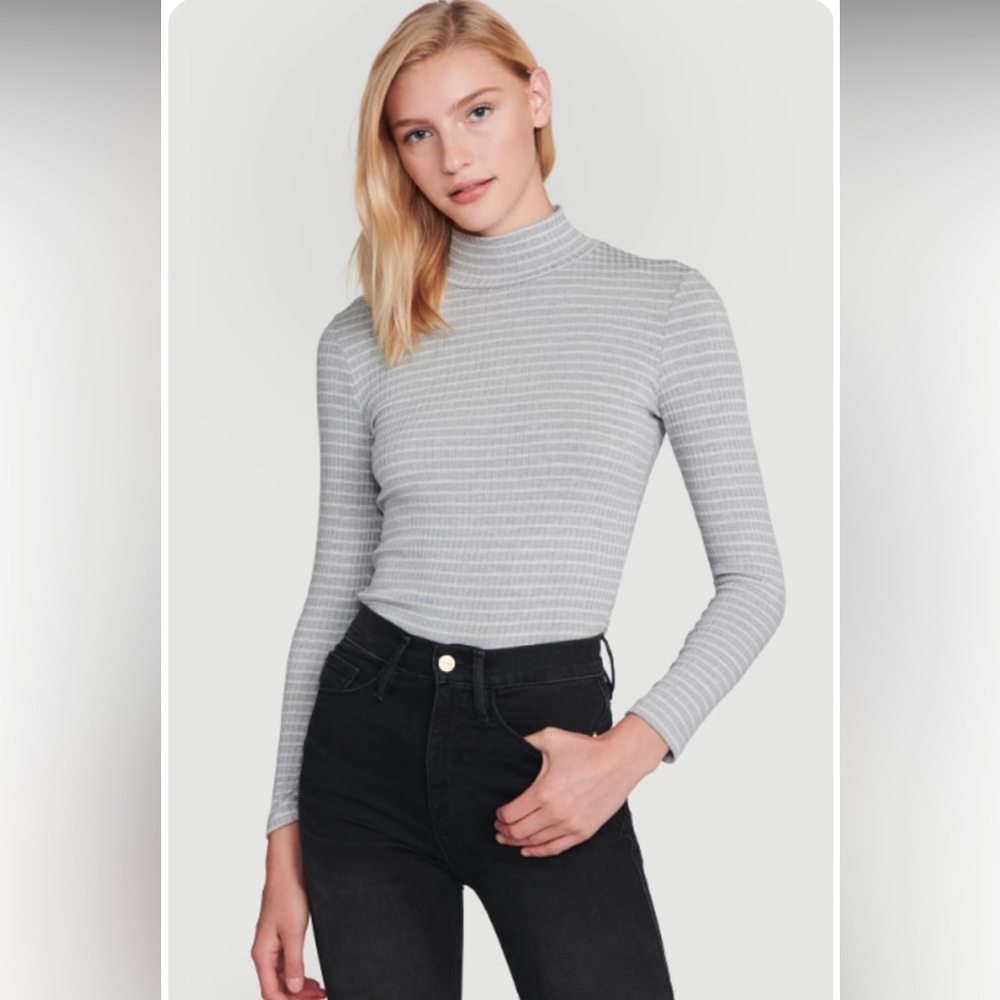 FRAME 70's Turtleneck in Gray White Multi Striped Top Medium Made In USA Ribbed
